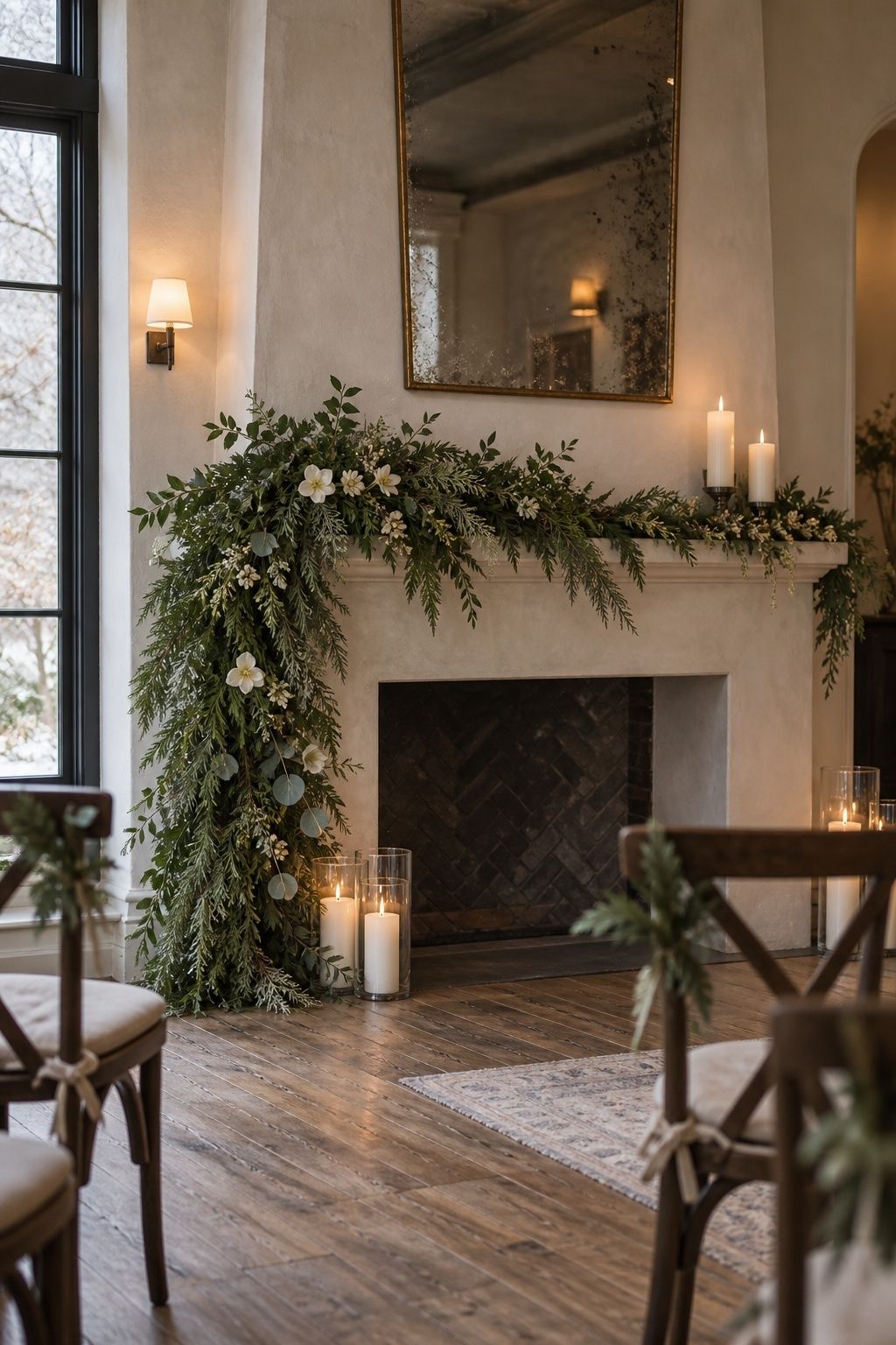 A low plaster mantel in a small ceremony room with an asymmetrical evergreen garland, white hellebores, and negative space at couple height.