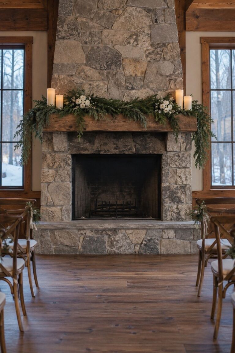 A broad natural-stone fireplace used as the vow focal point with restrained mantel greenery, LED pillars, small white floral accents, and an unlit firebox.