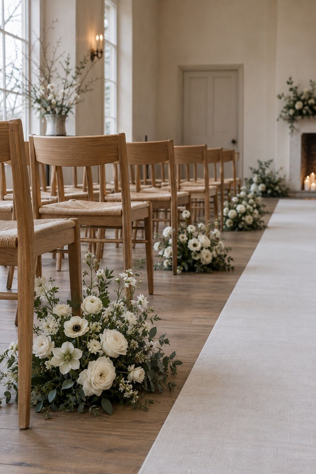 Low white winter floral clusters with restrained greenery placed on alternating oak-chair rows beside a clear cream runner.