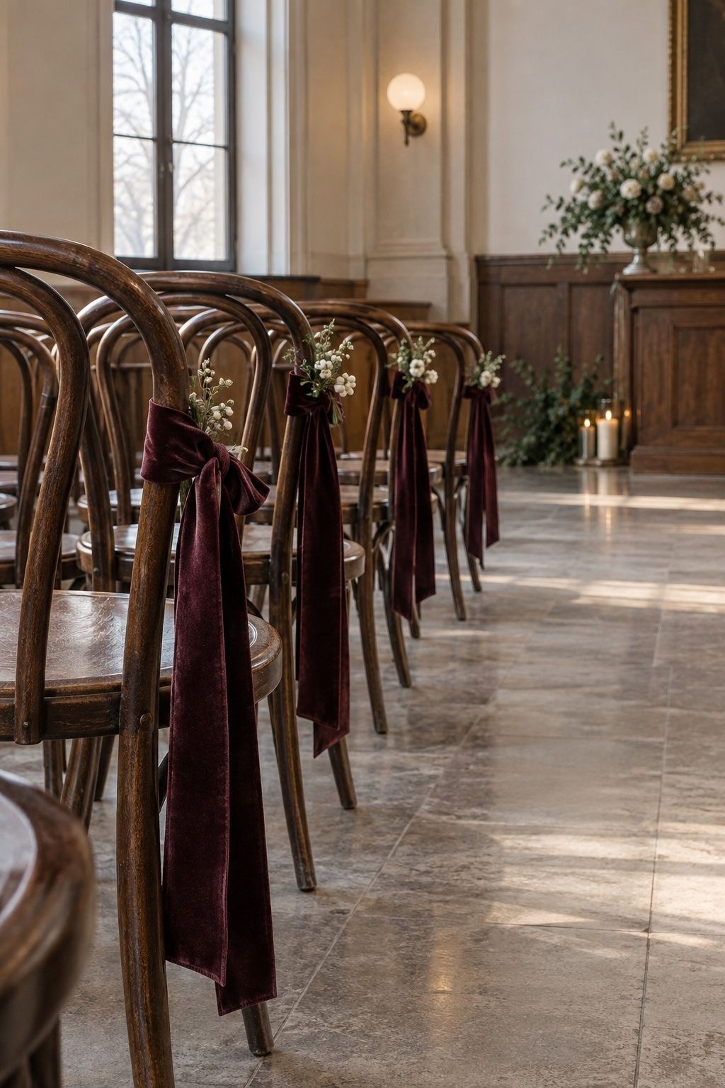 Deep fig velvet ribbons with small white bud sprigs tied to the first four bentwood aisle chairs, tails hanging cleanly above the floor.