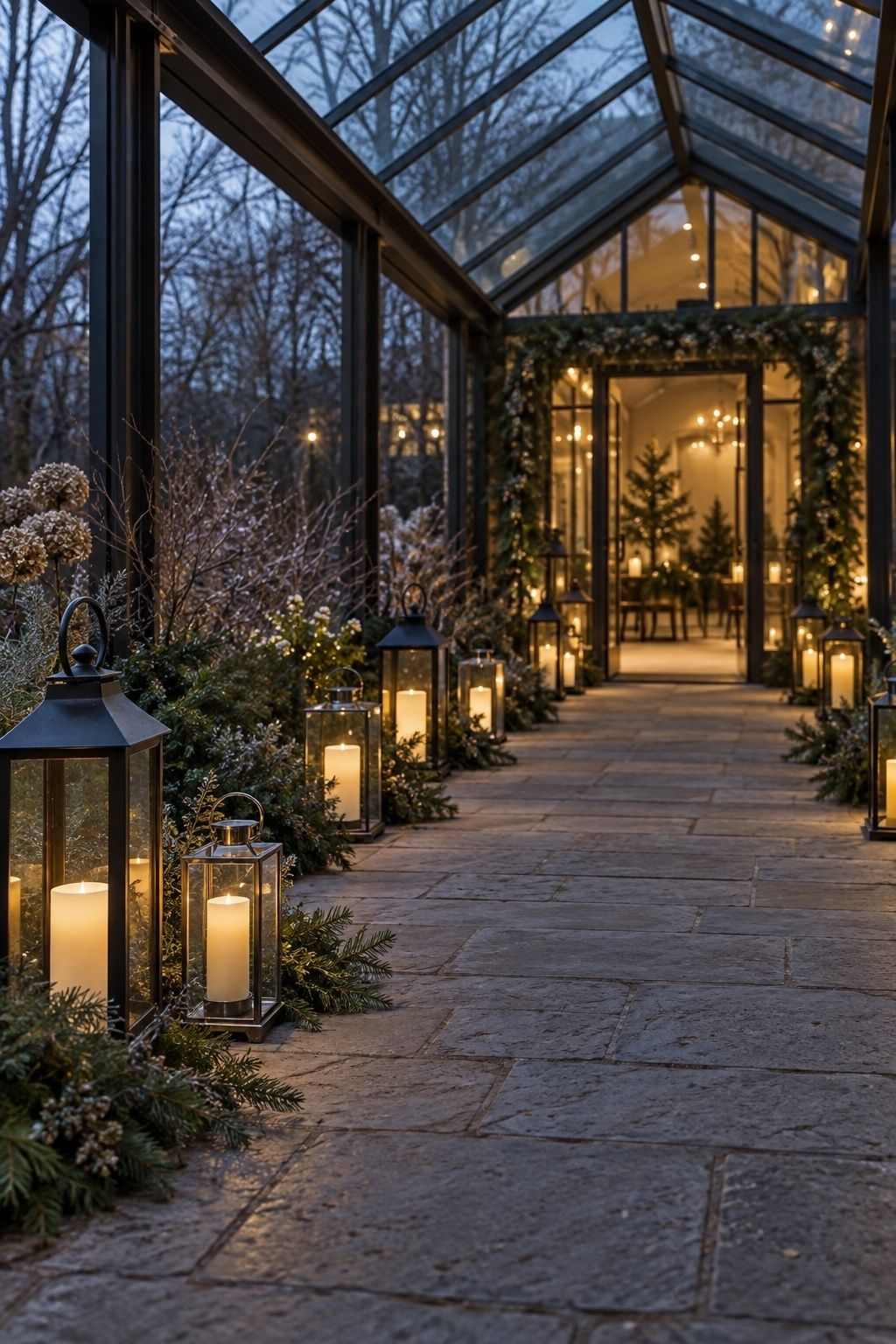 A covered greenhouse entrance path at blue hour with weighted black-metal lanterns and flameless ivory candles placed outside a wide dry walking route.