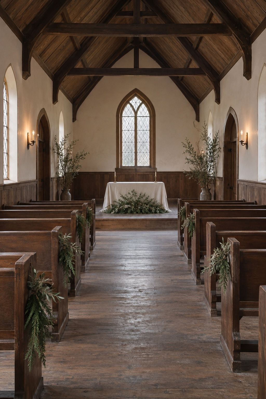 A modest historic wood chapel with sparse cedar and olive greens at alternating pew ends, two branch vessels, and one low altar arrangement.
