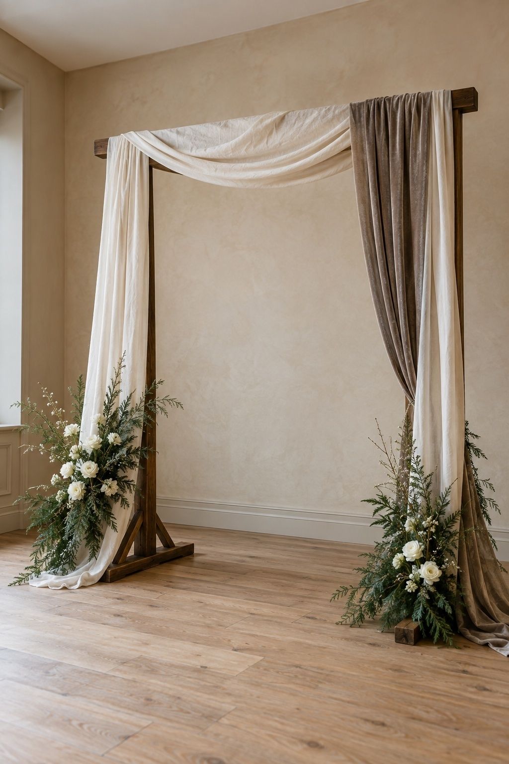 A freestanding wood ceremony frame with weighty ivory linen and one mushroom velvet panel, visible stable feet, and low evergreen-and-white floral accents.