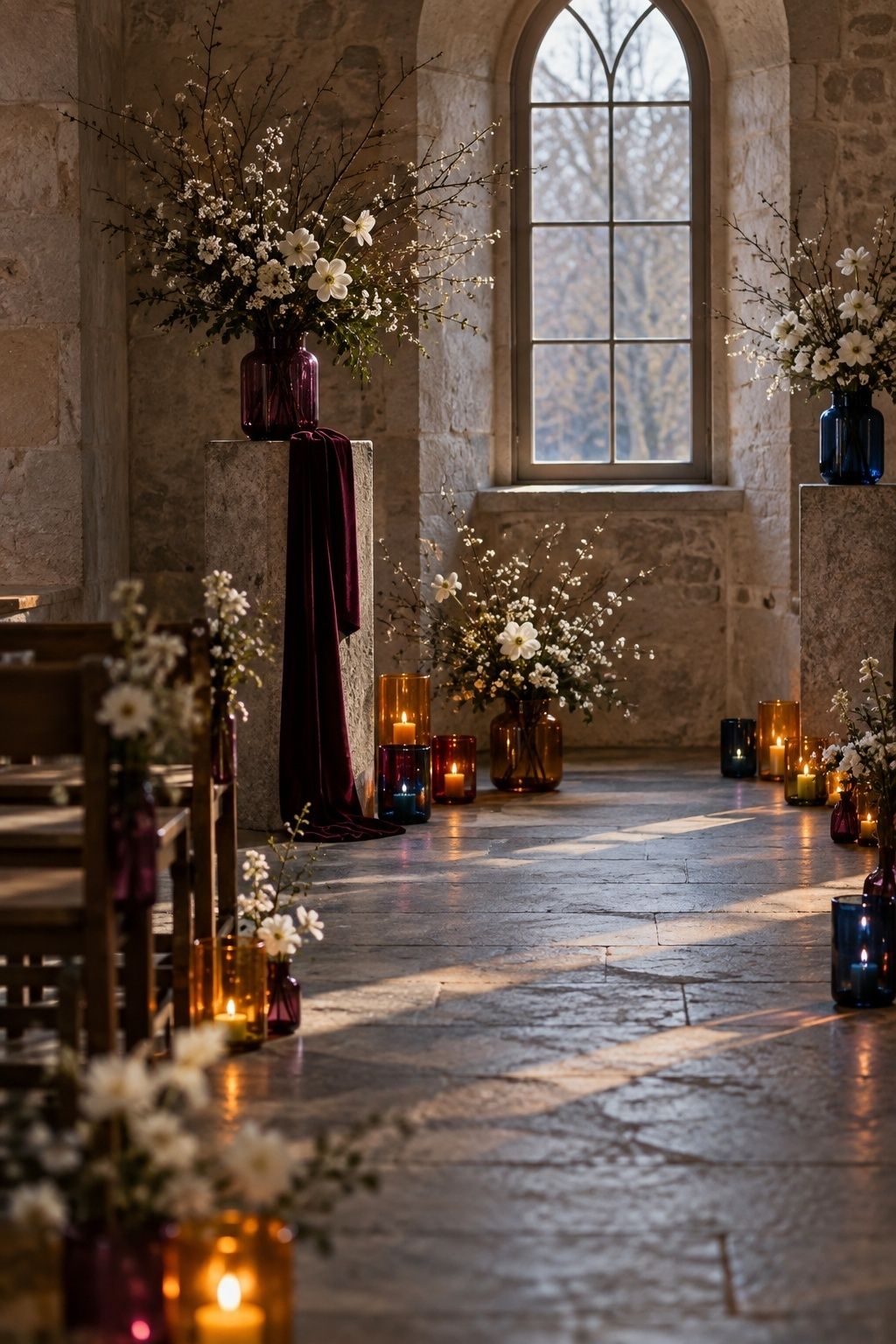 Plum, amber, and deep-blue glass vessels with small white winter flowers, amber LED votives, and one plum velvet accent in a stone ceremony room.