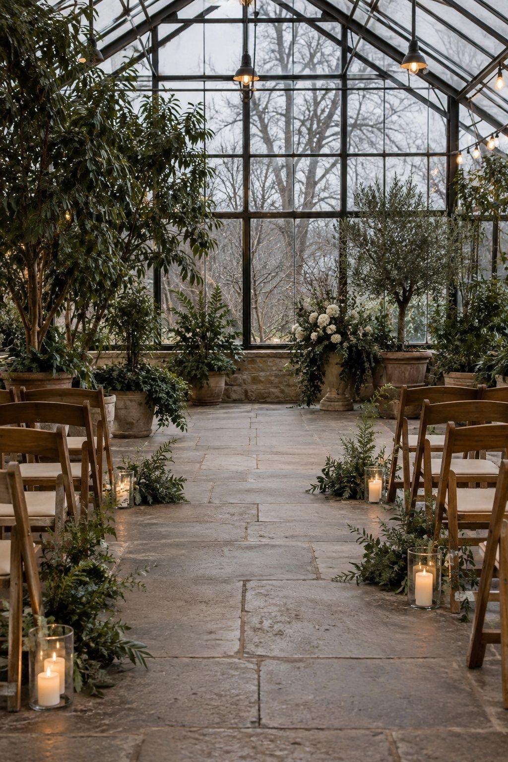 A real winter greenhouse where mature potted plants frame a dry stone aisle with sparse greens, glass candles, and one low white floral urn at the vow spot.