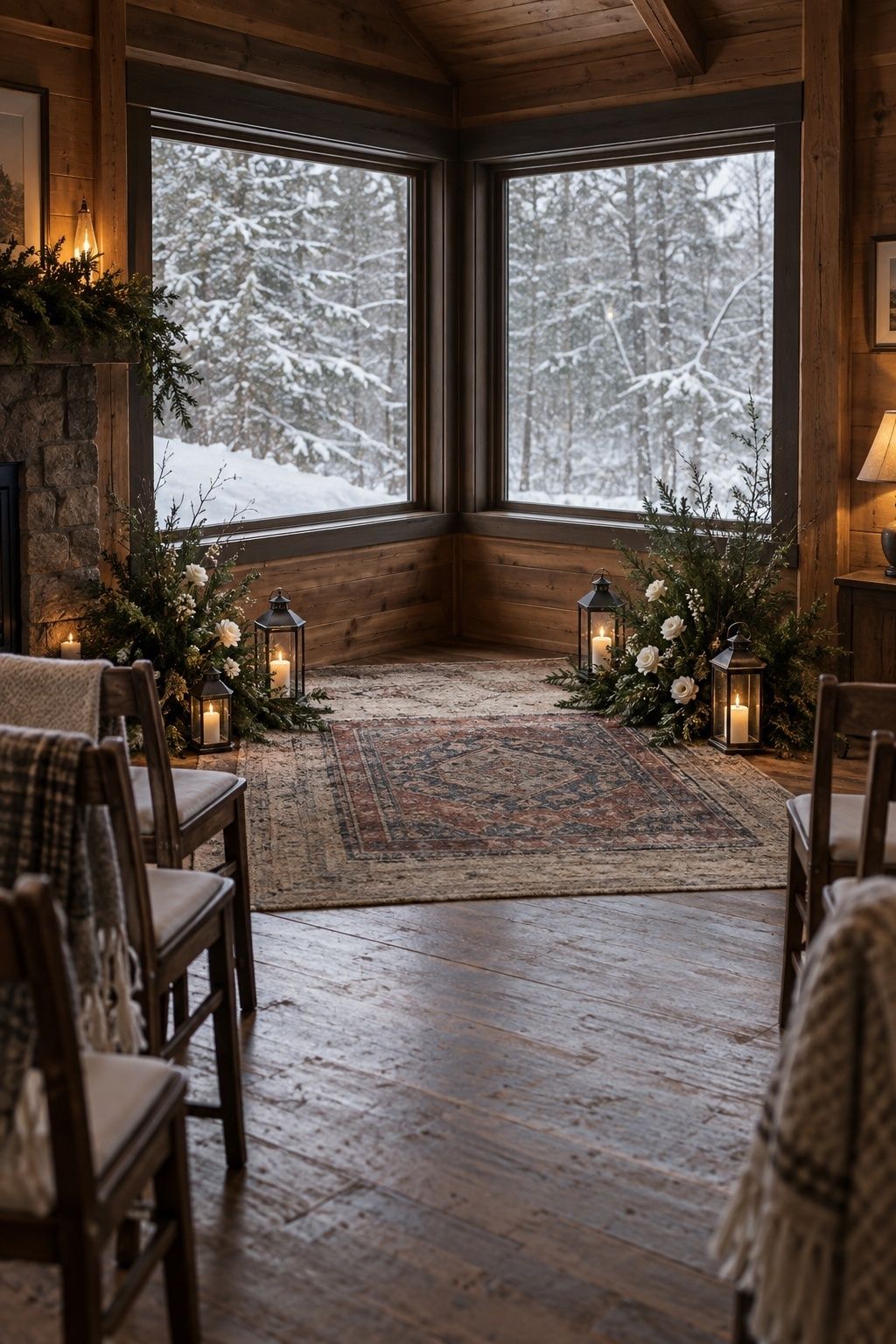 A small timber cabin ceremony corner with two flat vintage rugs, low evergreen-and-white floral clusters, four weighted lanterns, and warm wool throws.