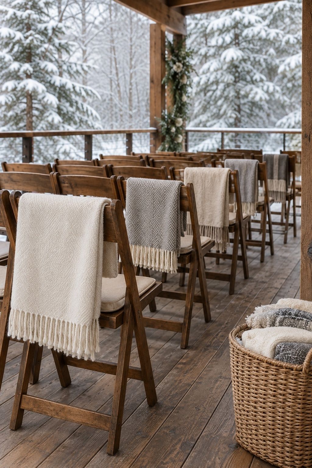 Ivory, oatmeal, and soft-gray wool blankets folded over outer wooden chair backs with a tidy wicker basket of extra throws on a dry covered veranda.