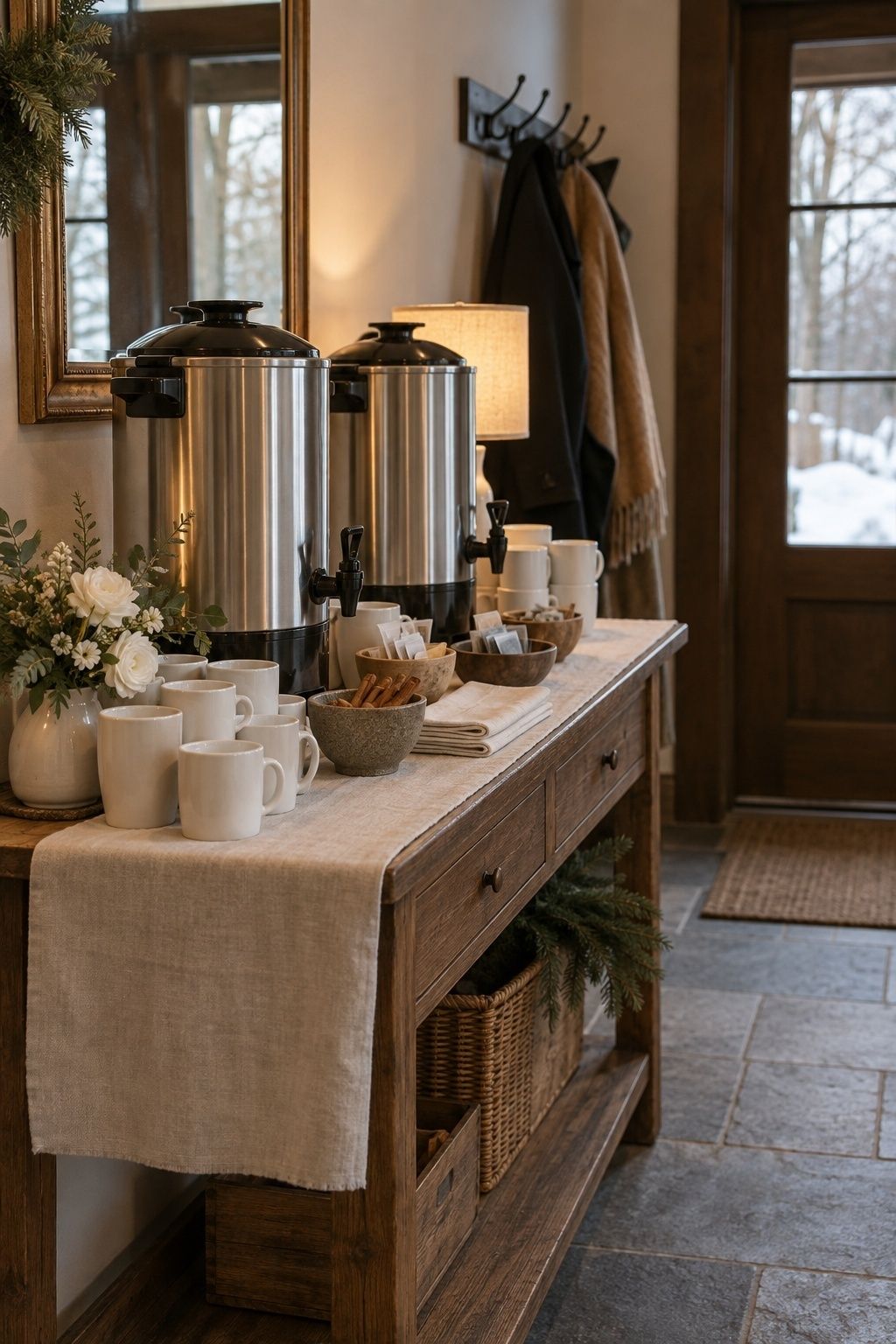 A tidy venue-entry console with two brushed-metal insulated drink urns, plain ceramic cups, tea sachets, cinnamon sticks, linen, and one small white floral arrangement.