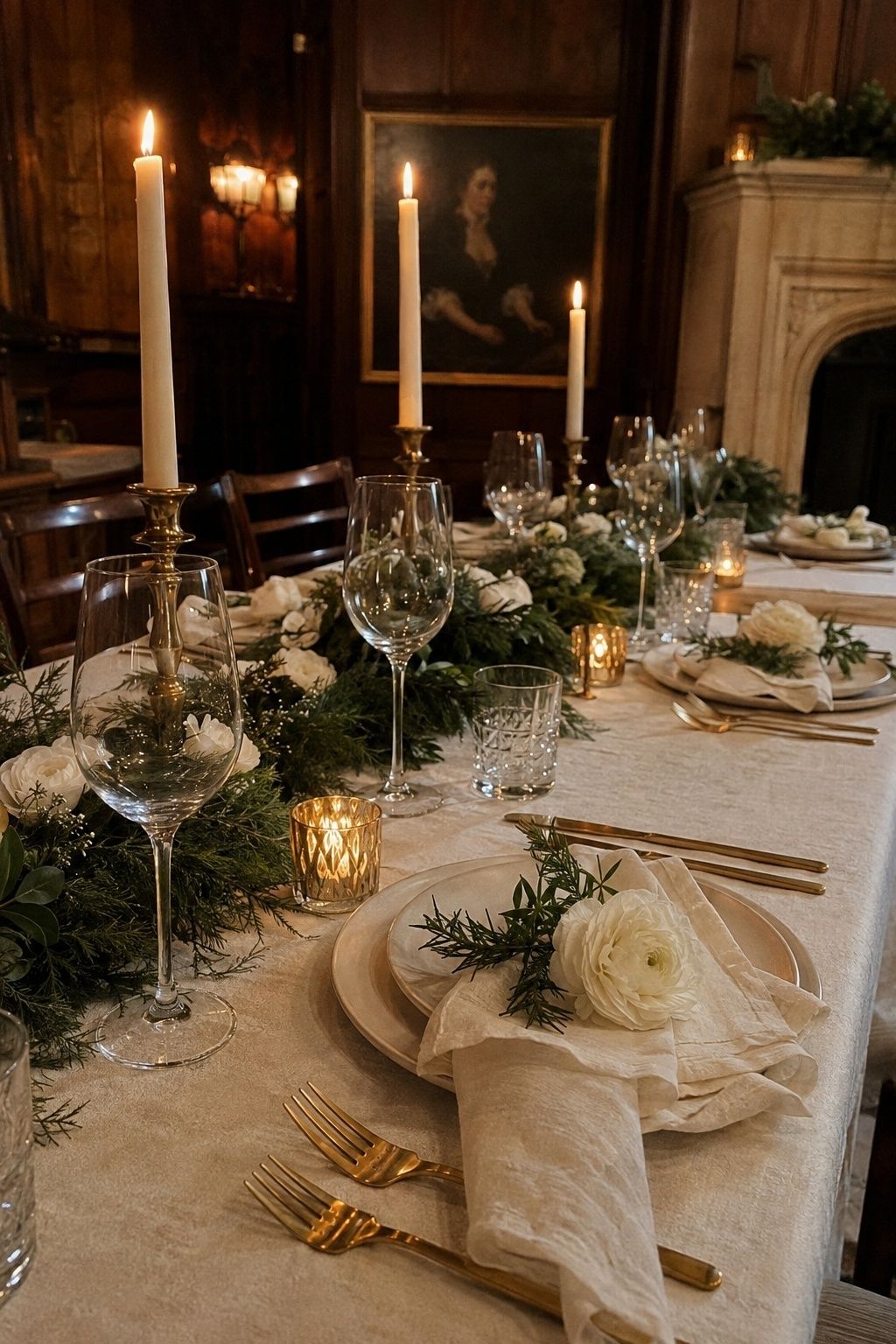 Ivory evergreen and warm gold winter wedding reception table