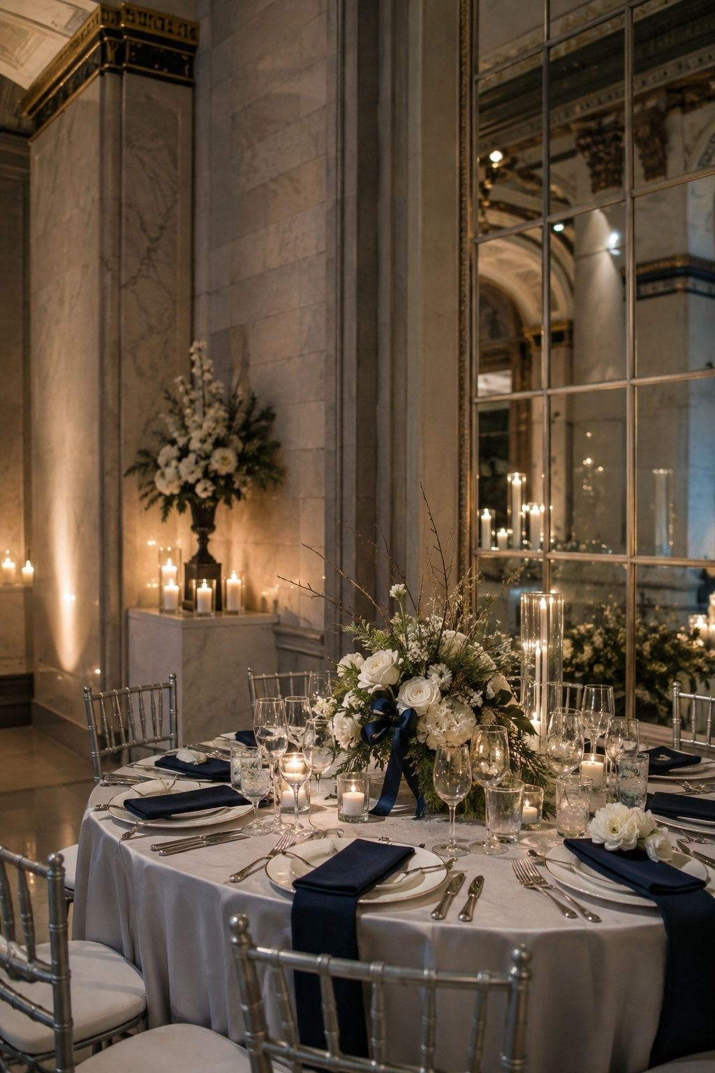 Navy silver and white winter wedding table in a city venue