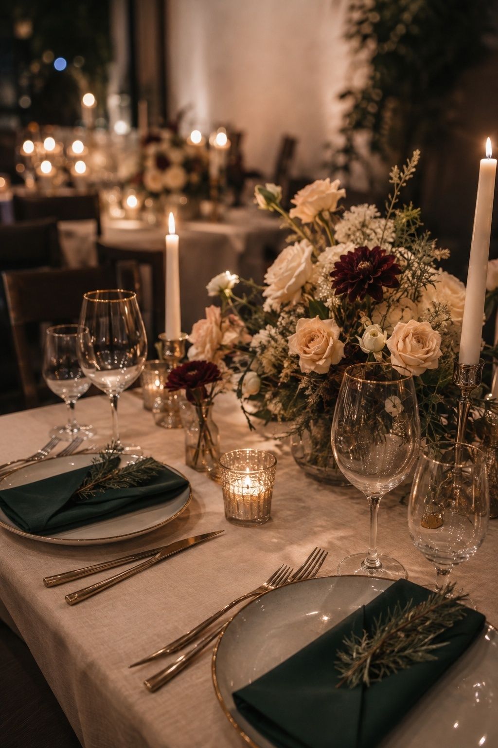 Burgundy emerald and champagne winter wedding table setting