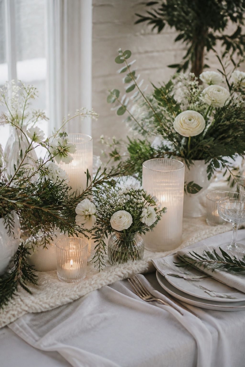 Winter white wedding table with soft greenery and candlelight