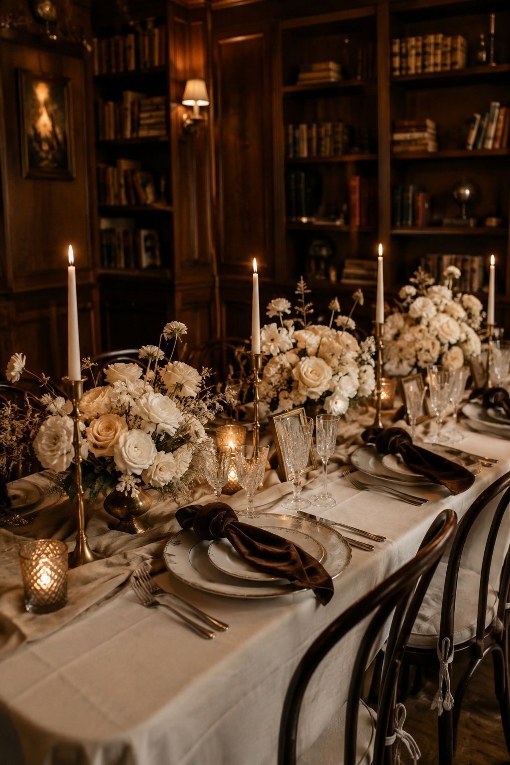 Mocha cream and brass intimate winter wedding dinner