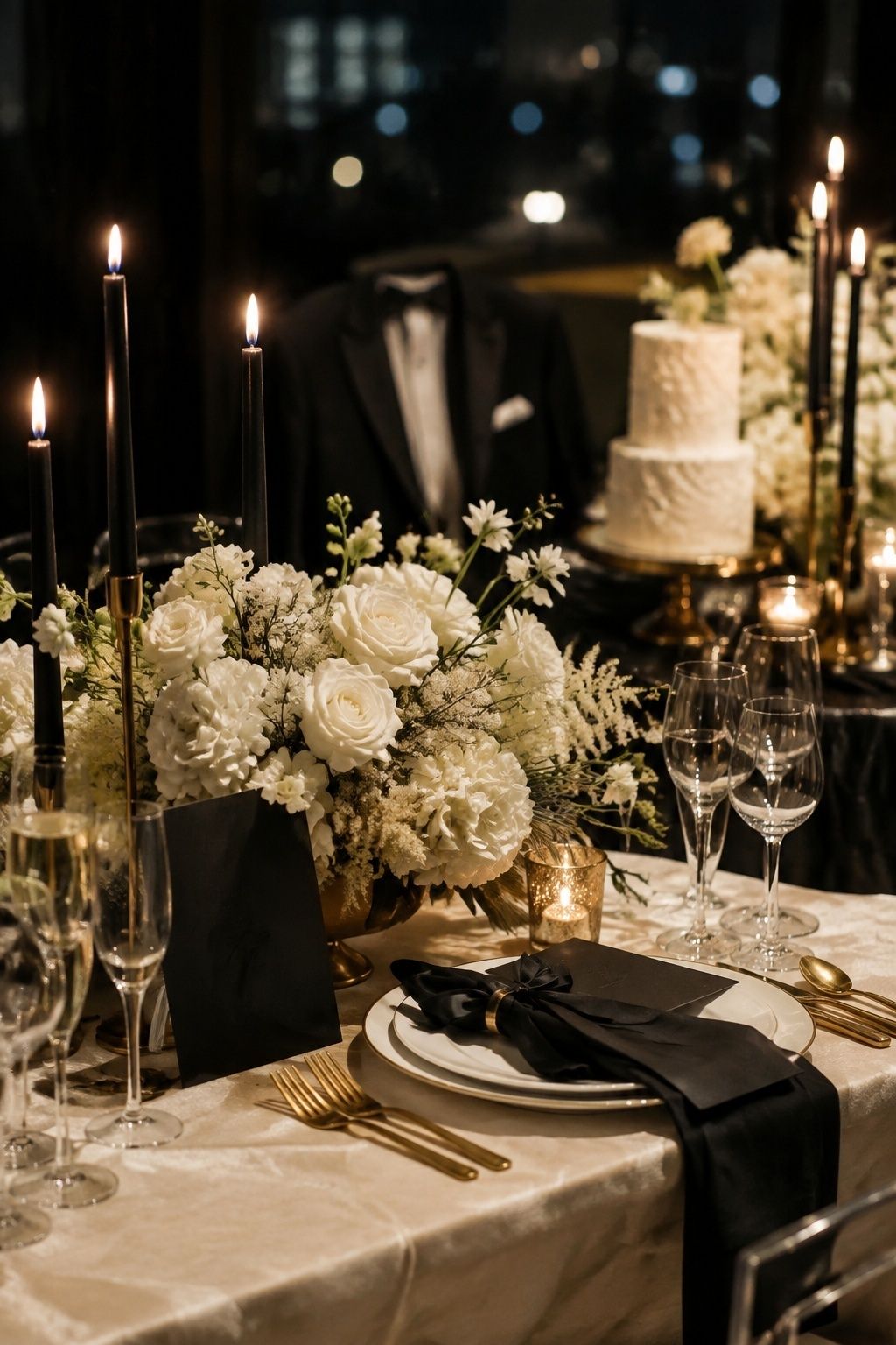 Black ivory and gold winter wedding reception details