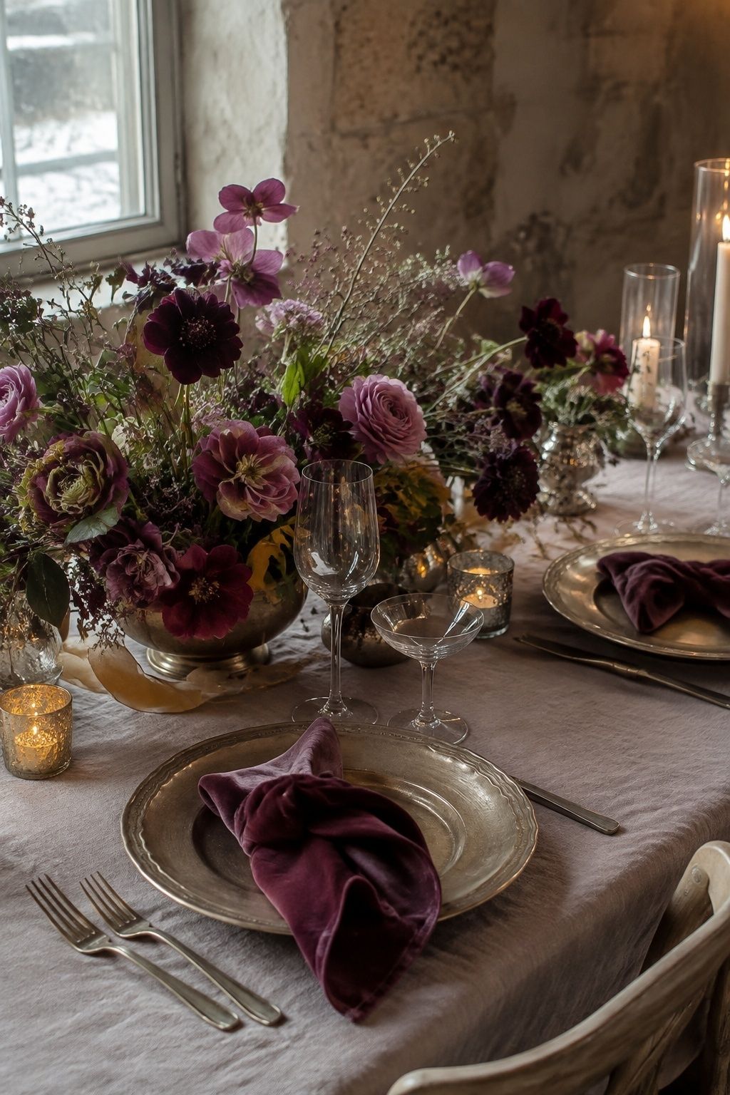 Plum mauve and antique gold winter wedding flowers and table
