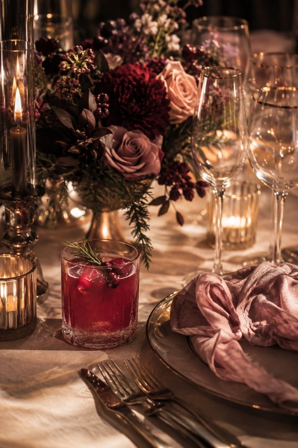 Cranberry rose and champagne winter wedding table details