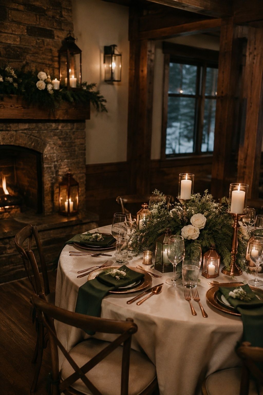 Forest green ivory and copper winter wedding reception