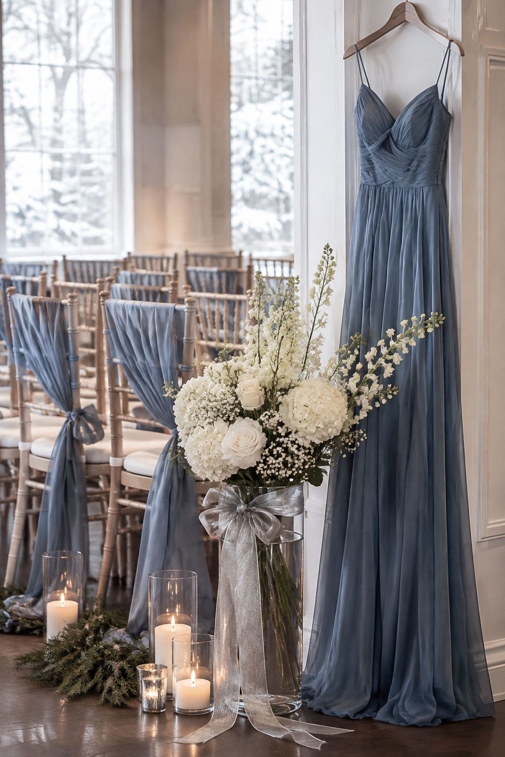 Dusty blue white and silver winter wedding ceremony details