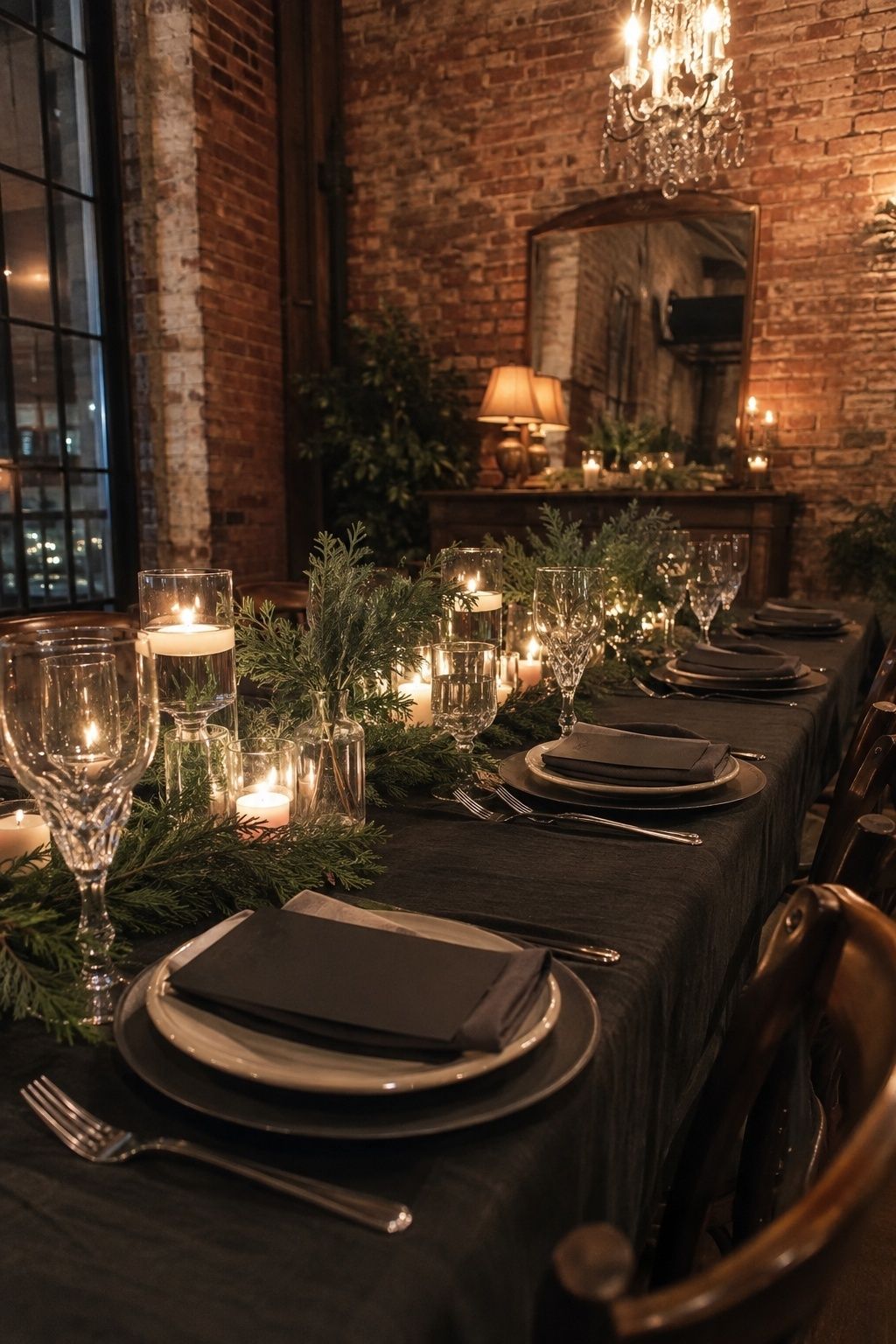 Charcoal evergreen and crystal winter wedding table