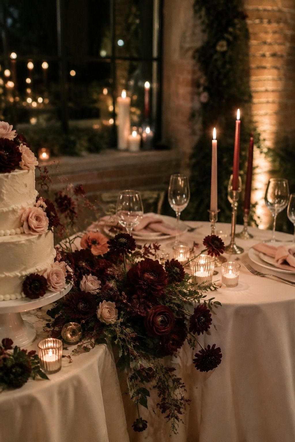 Berry blush and candlelight intimate winter wedding dinner