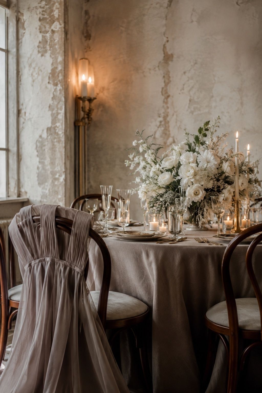 Champagne taupe and winter white wedding table and attire