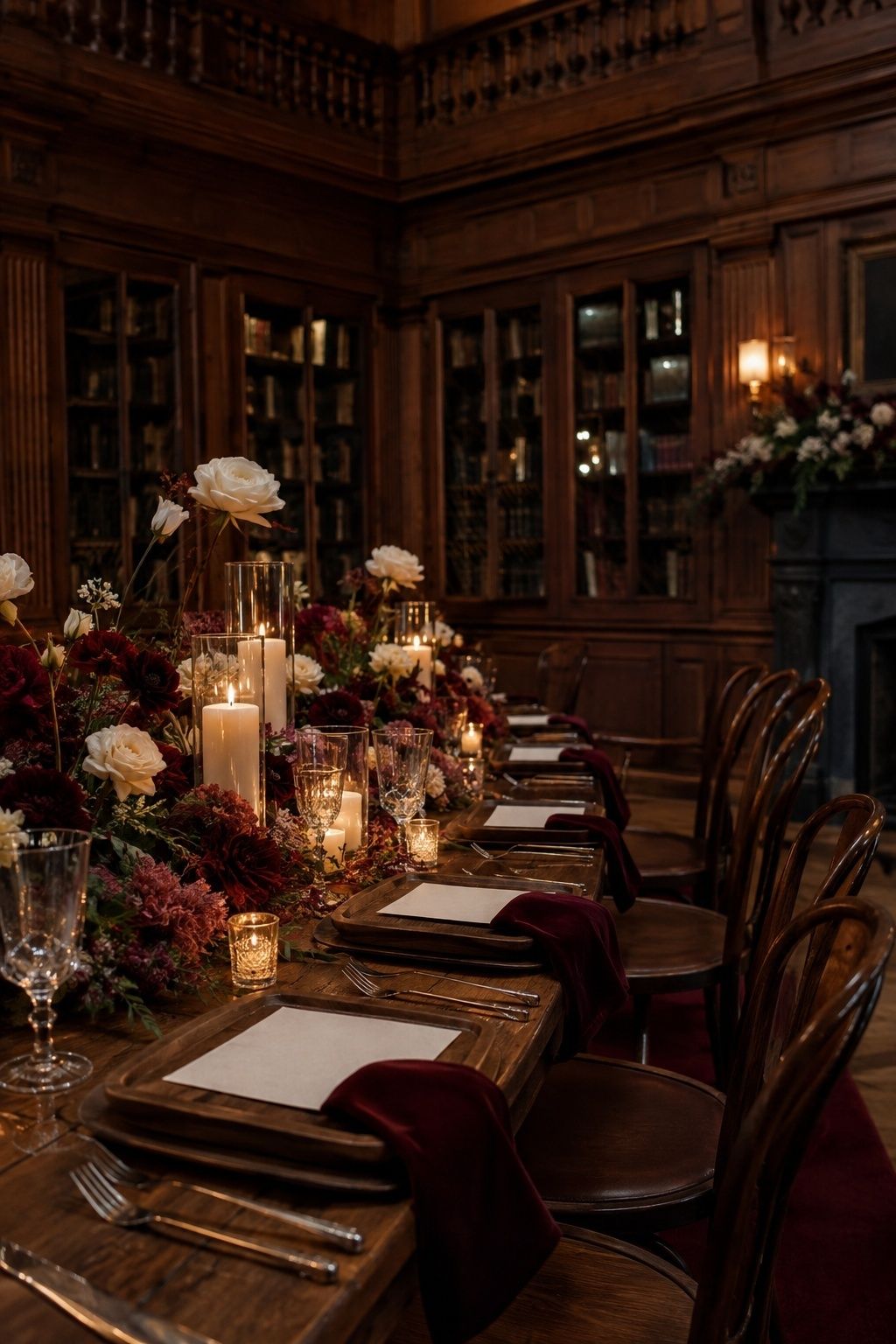 Oxblood cream and walnut winter wedding dinner
