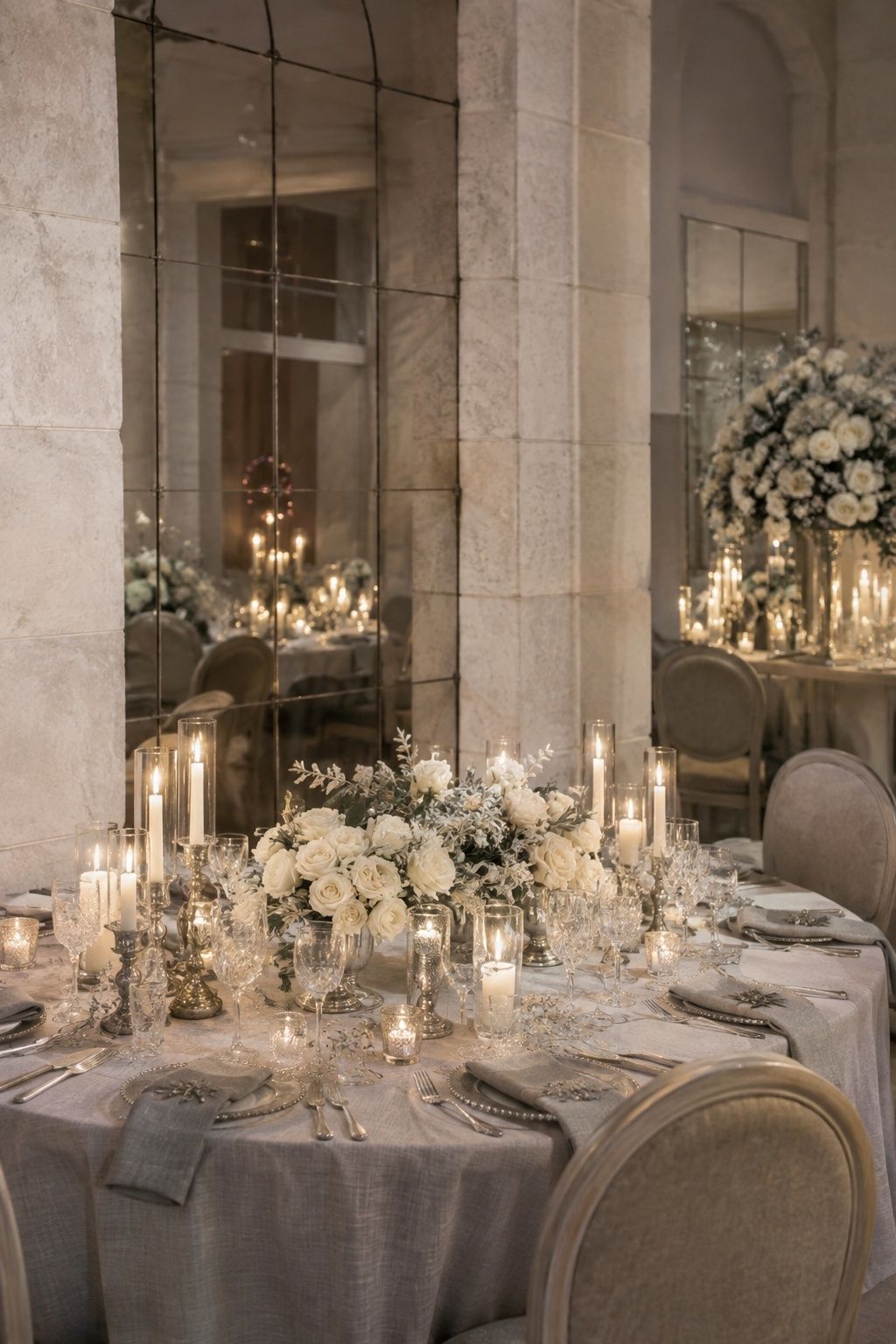 Silver dove grey and candlelight winter wedding reception