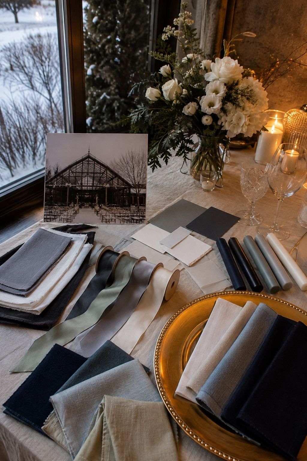 Winter wedding palette testing table with fabric and flower samples