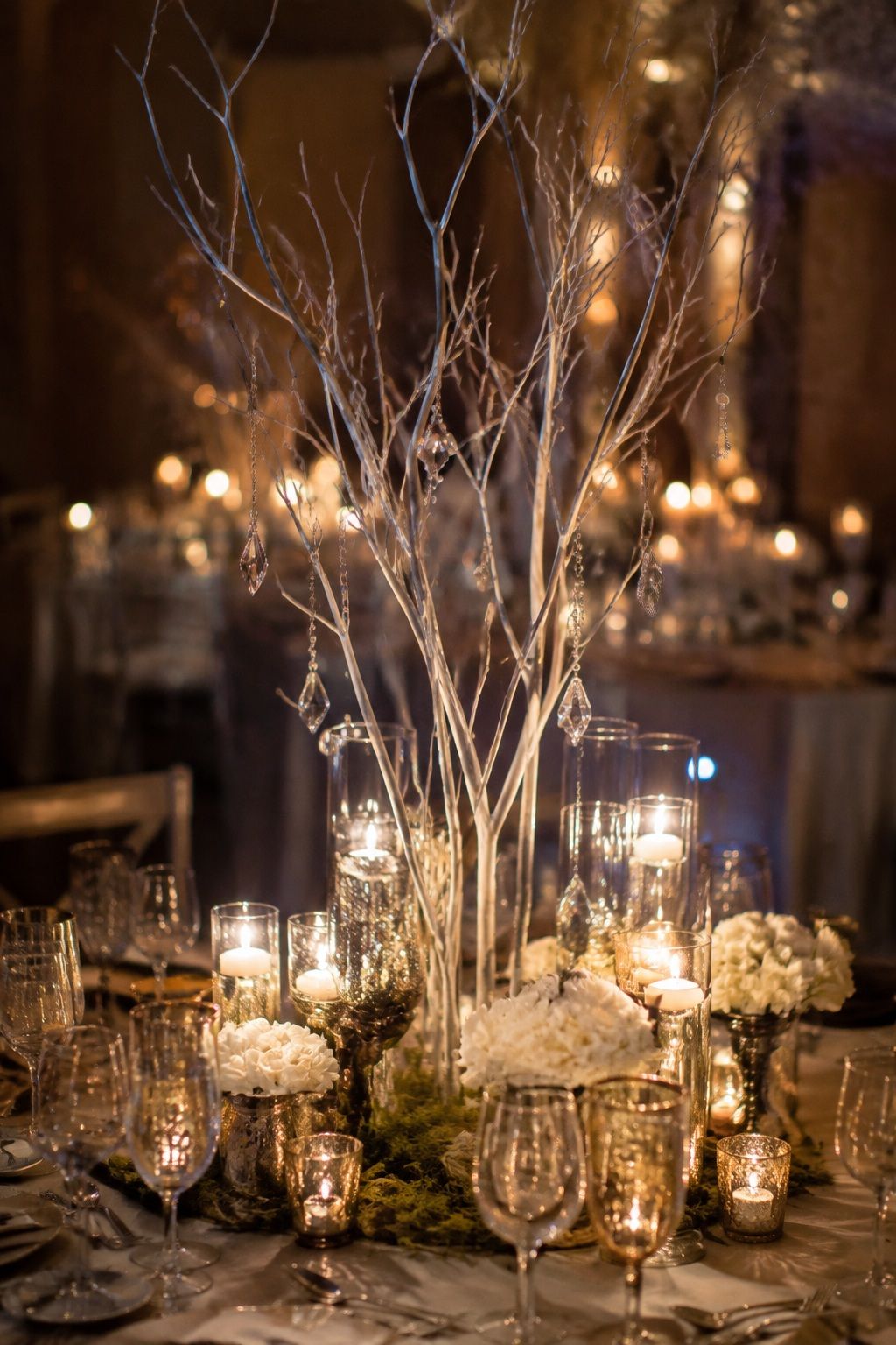 Crystal-decorated branch centerpieces