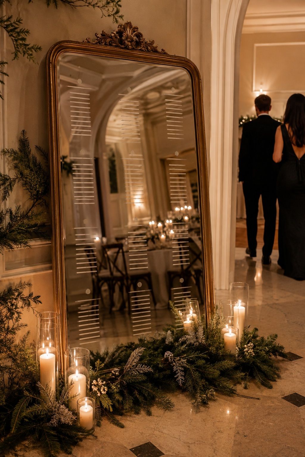 Seating chart on a mirror surrounded by candles