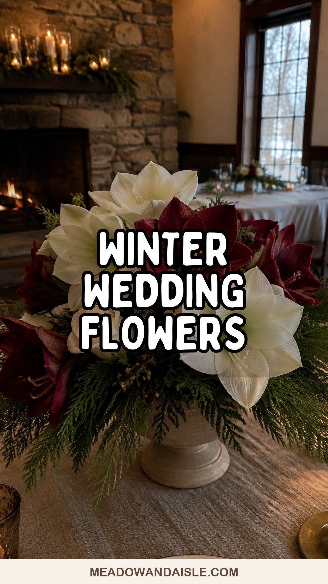 Winter wedding flowers Pinterest pin with romantic candlelit floral arrangement