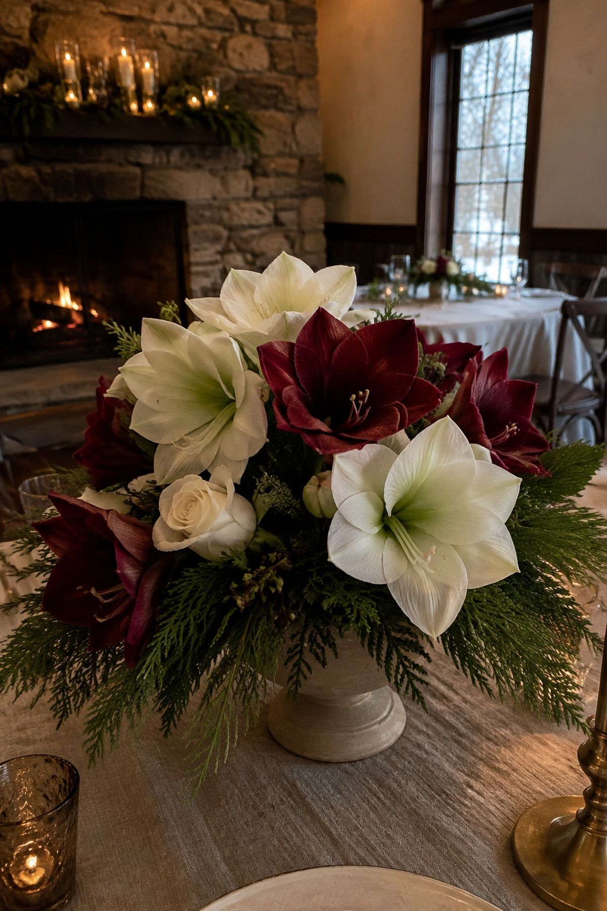 Dramatic amaryllis in a winter arrangement