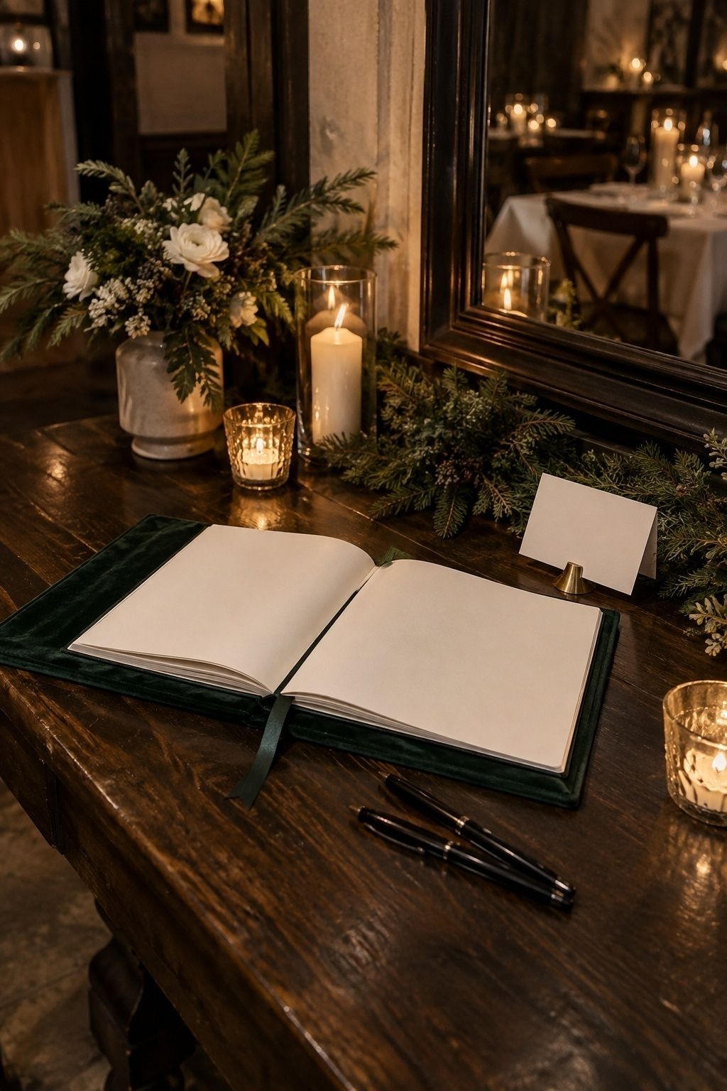 Forest green velvet guest book on a candlelit winter wedding table