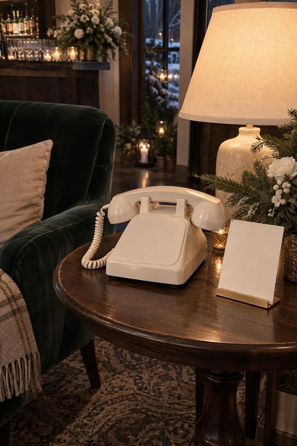 Cream audio guest book phone in a quiet winter wedding lounge