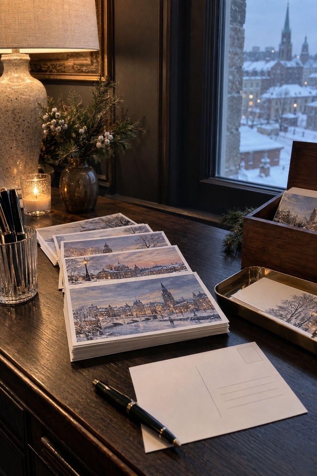 Winter city postcards arranged as a wedding guest book station