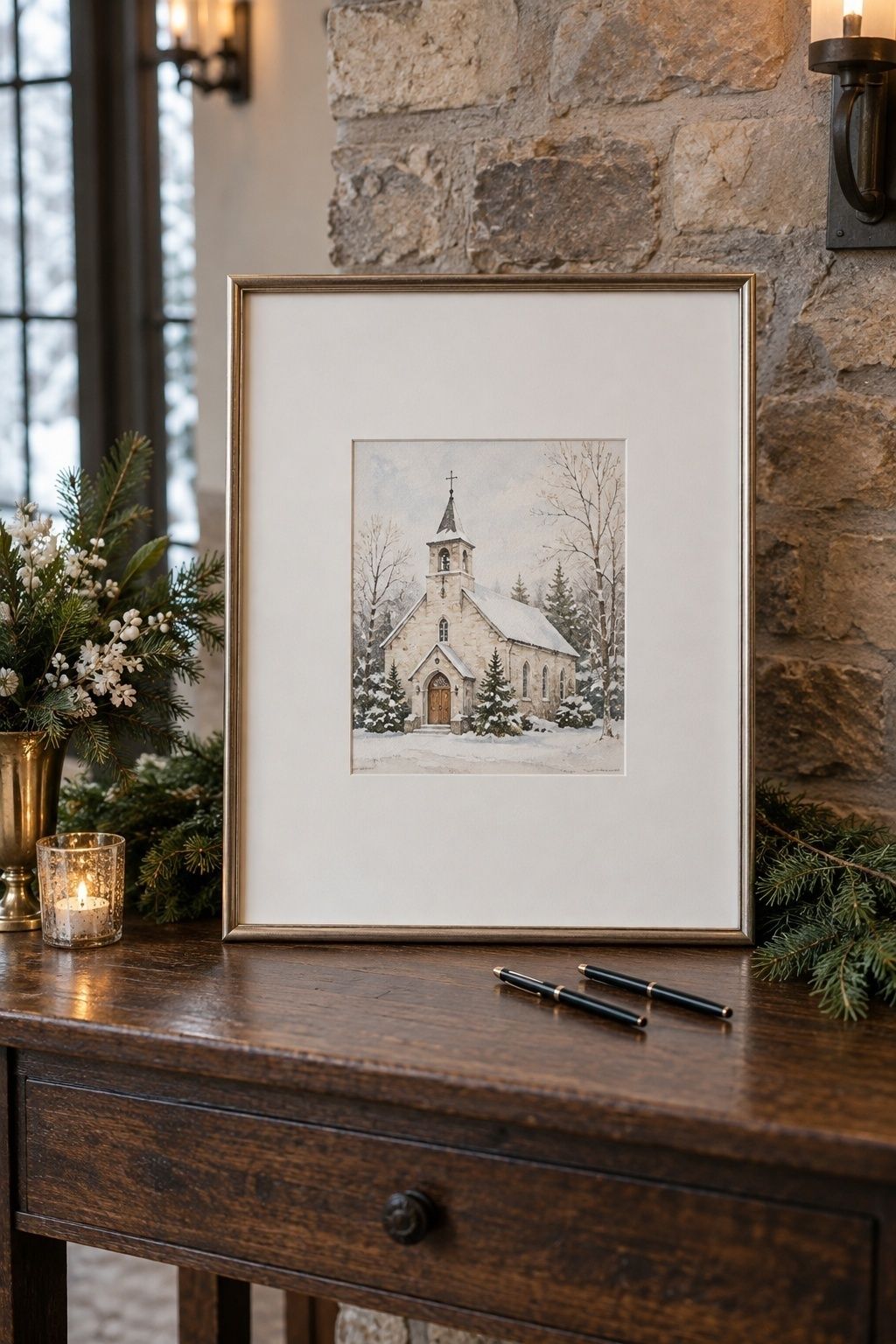 Framed winter chapel illustration with blank mat for wedding guest signatures