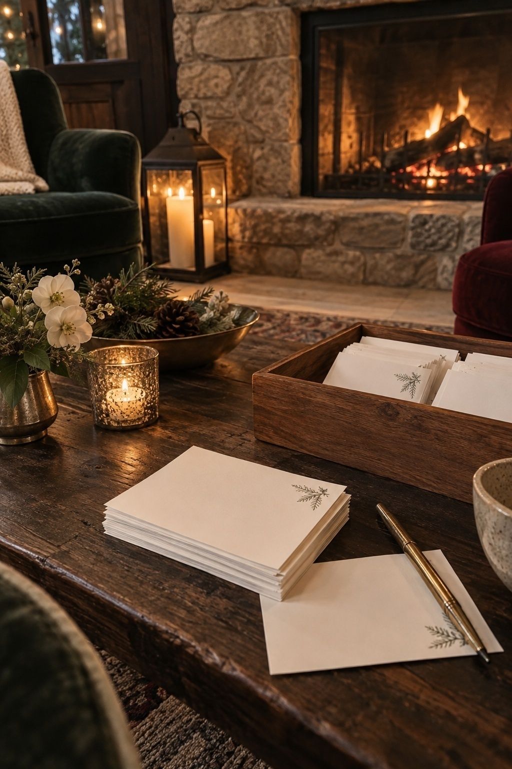 Wedding advice cards arranged on a cozy table by a winter fireplace