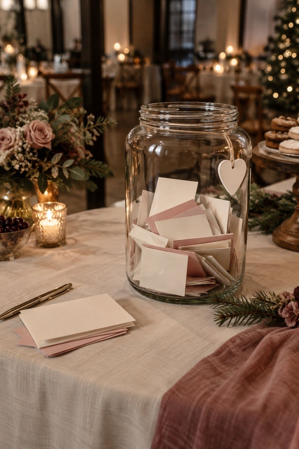 Glass date night jar with blank cards at a winter wedding reception