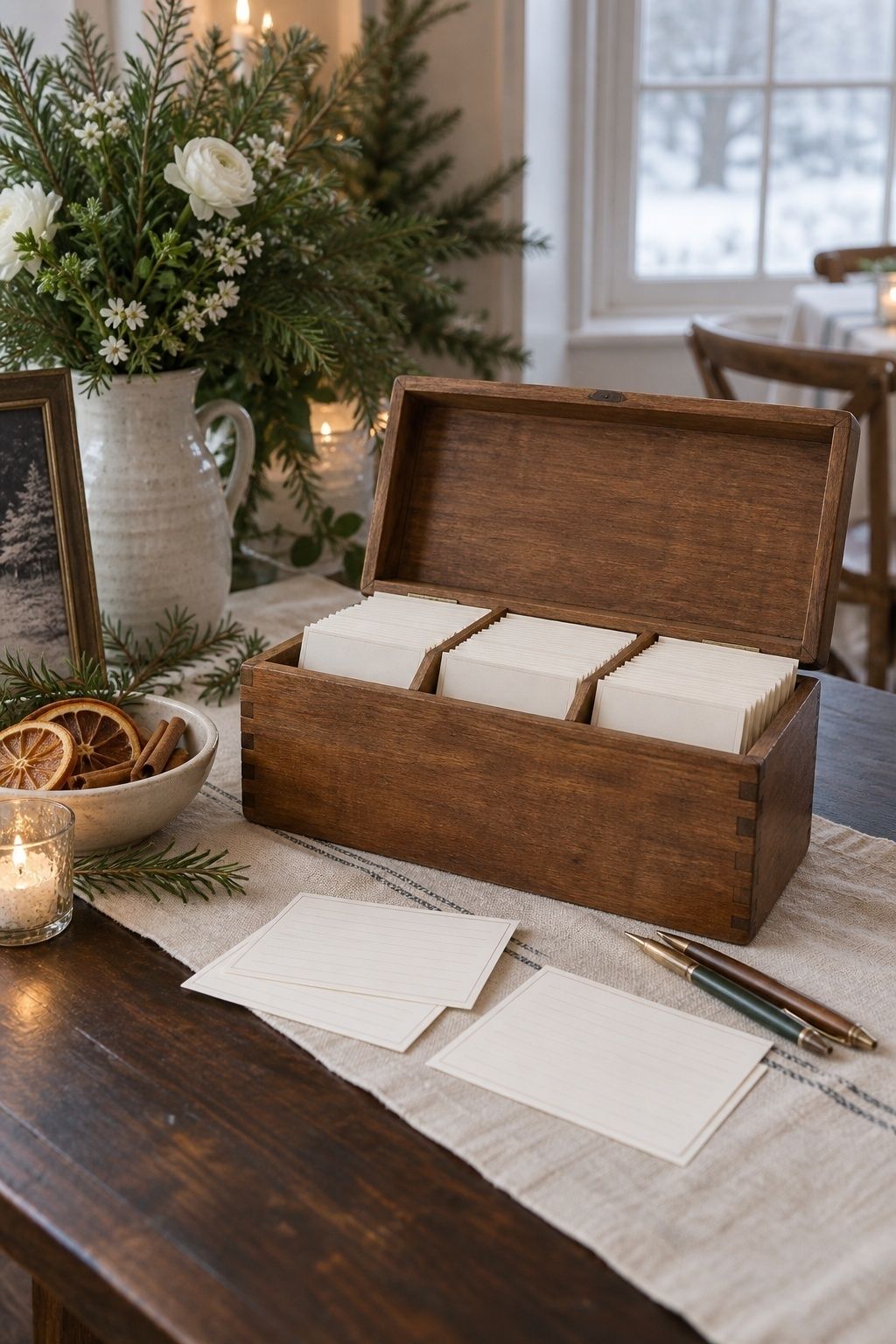 Wooden recipe card box prepared as a winter wedding guest book
