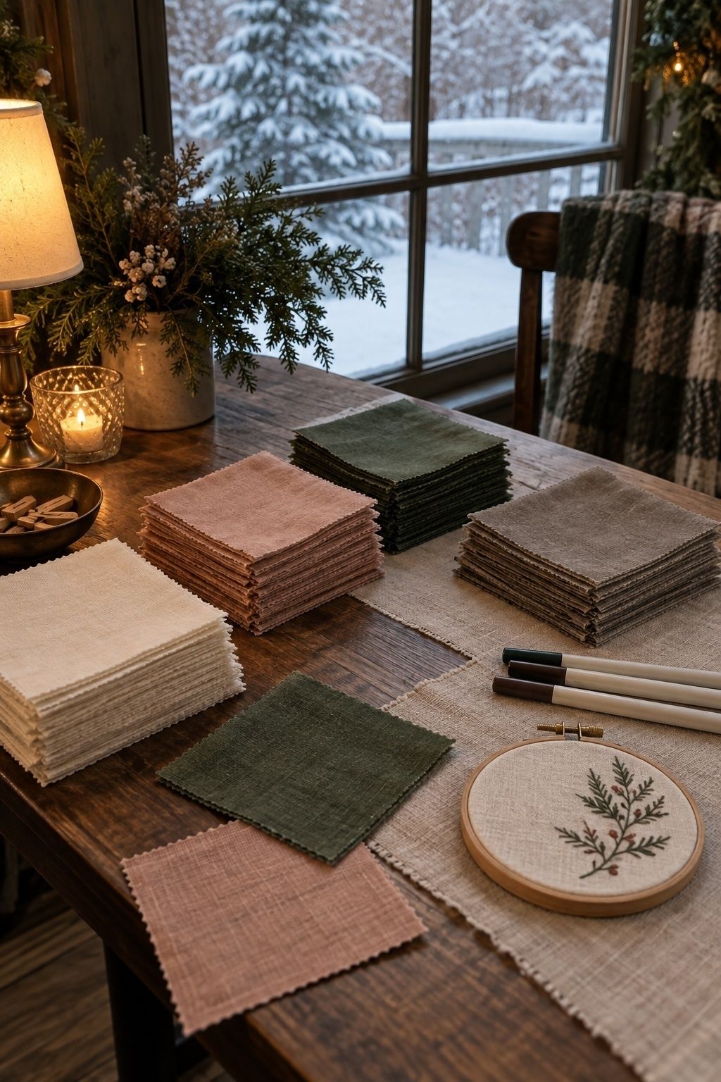 Colorful fabric squares and markers for a winter wedding quilt guest book