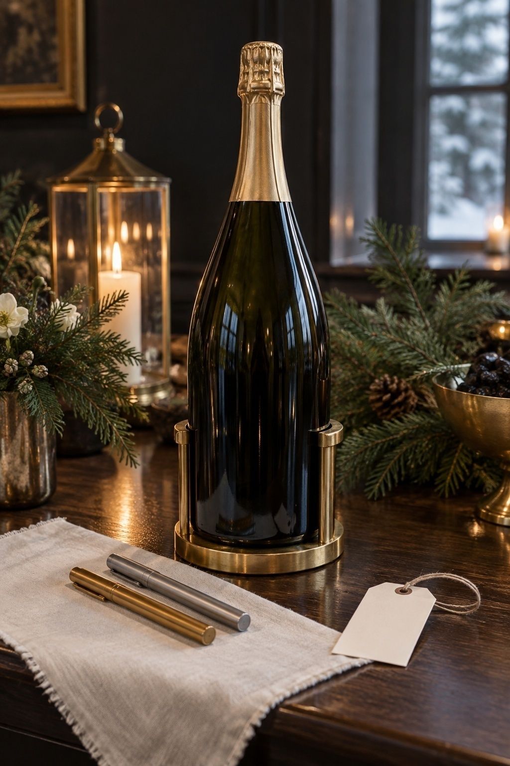 Champagne bottle in a brass holder ready for winter wedding signatures
