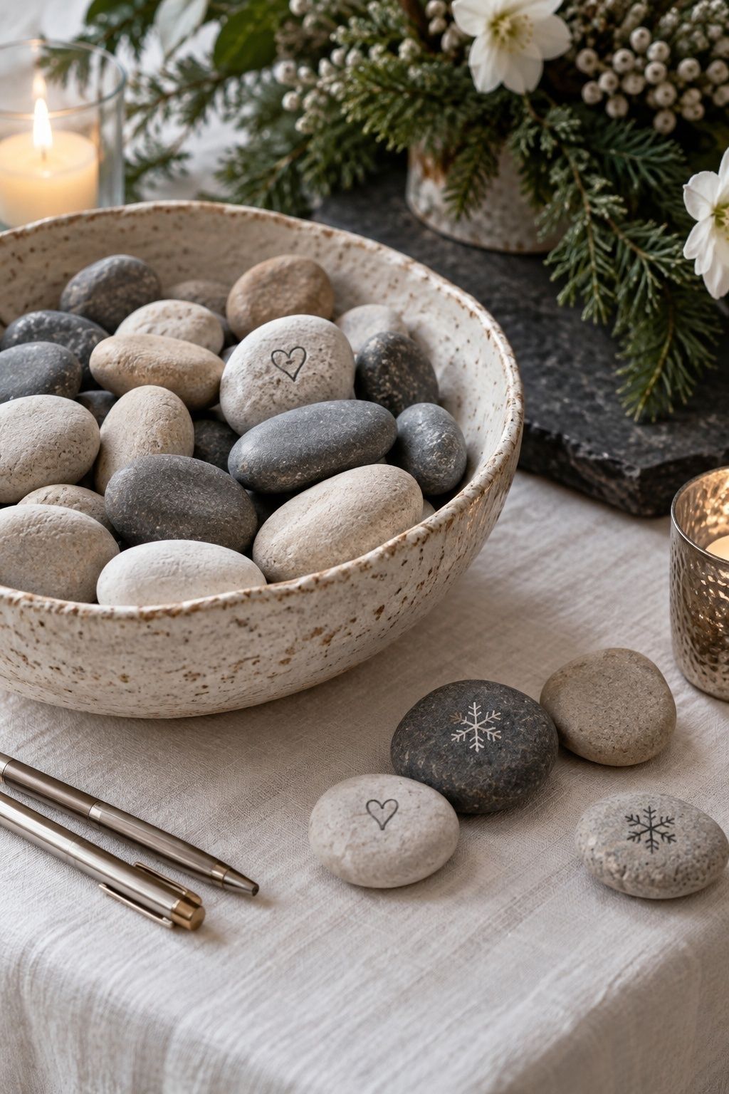 Smooth wishing stones in a ceramic bowl for a winter wedding guest book