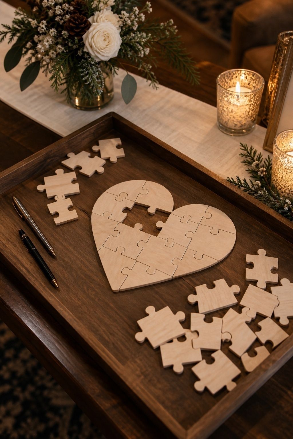 Wooden heart puzzle pieces ready for wedding guest messages