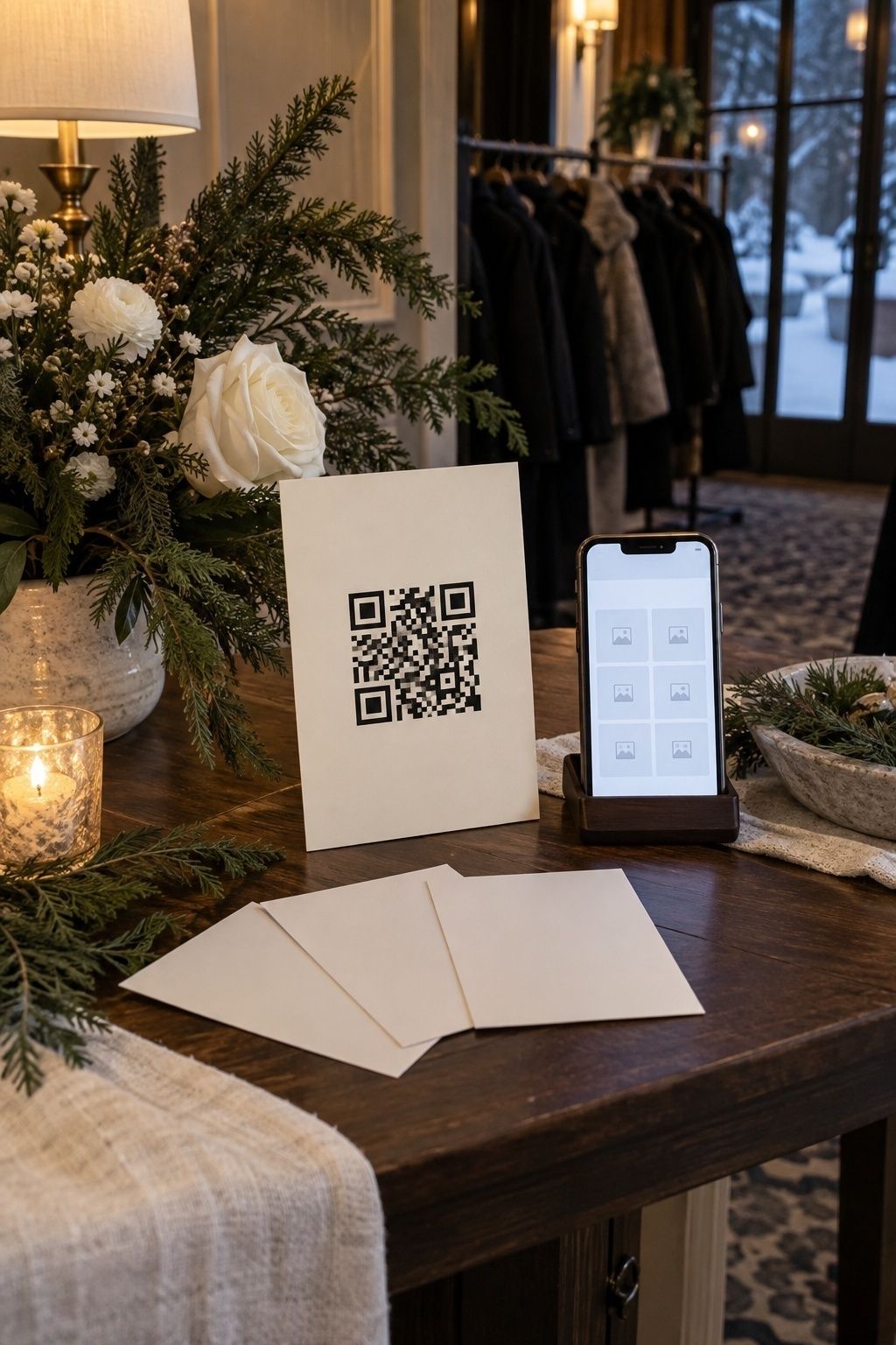 QR code and phone arranged for a digital winter wedding guest book