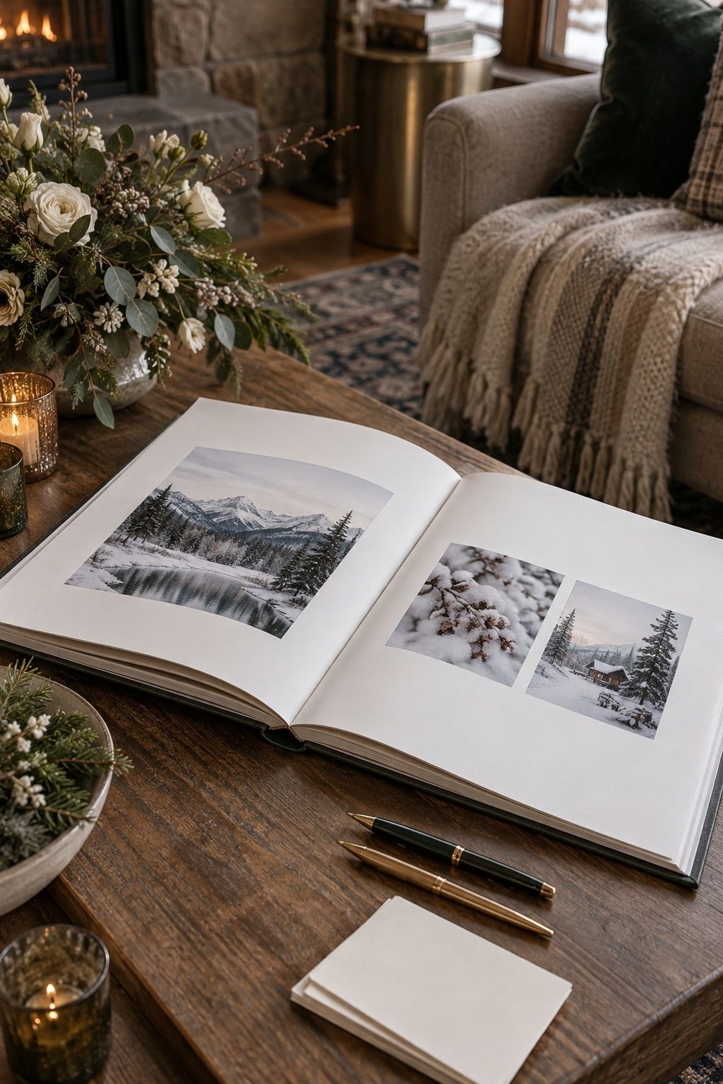 Winter landscape coffee table photo book with space for guest messages