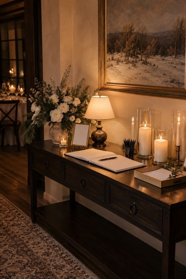 Warm candlelit guest book table at an intimate winter wedding reception