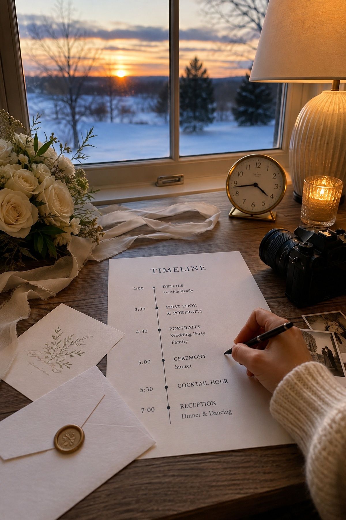 Winter wedding timeline planned around early sunset