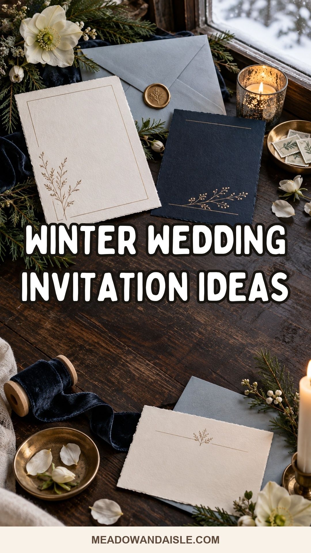 Winter wedding invitation ideas Pinterest pin with navy and gold stationery