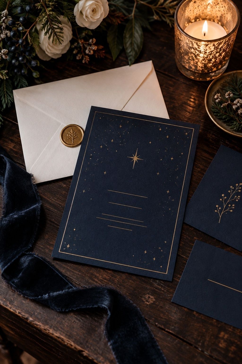 Midnight navy and gold wedding invitation