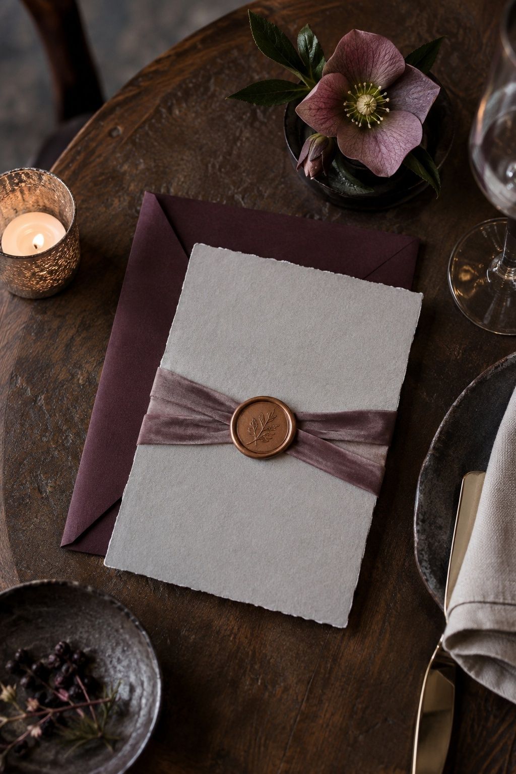 Deep plum and grey stationery